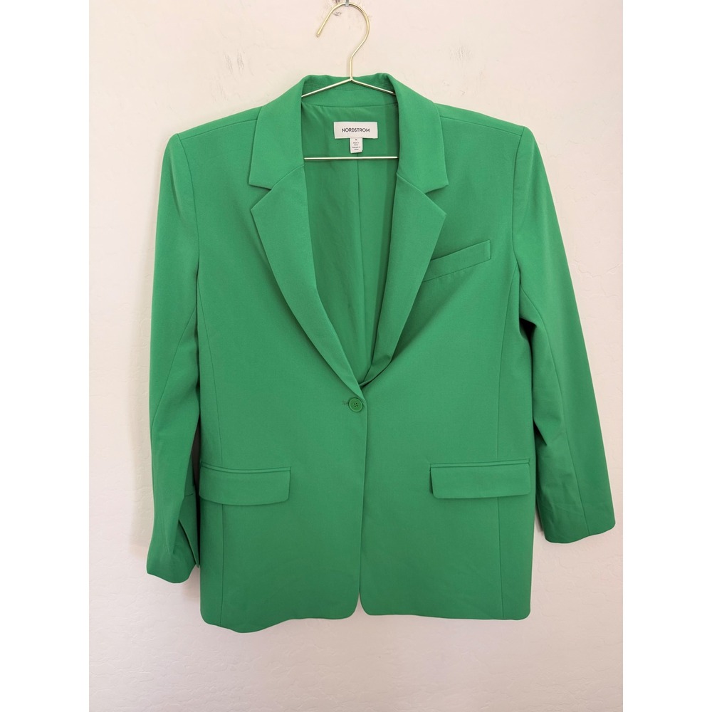 Nordstrom Green Single Button Tailored Blazer Minimalist Jacket M Notched Lapel